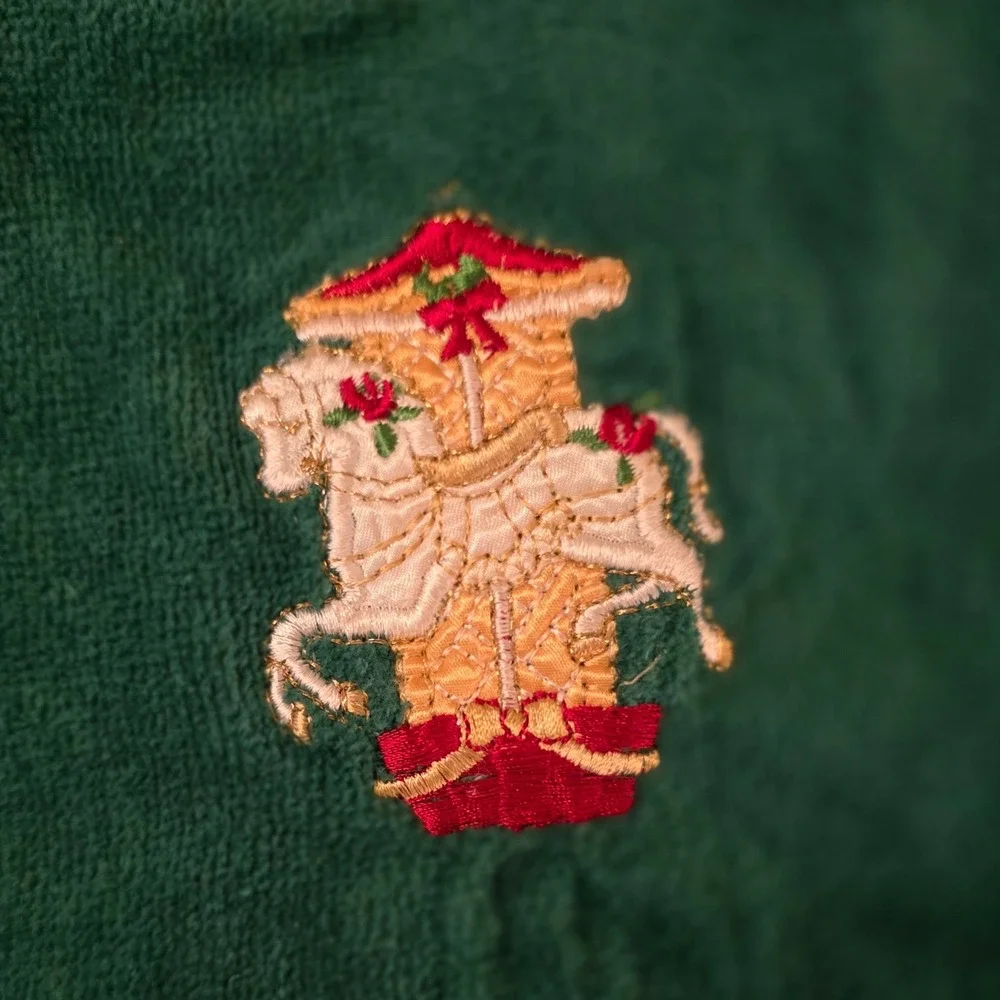 Vintage Christmas Carousel Horse Bath Towel & Washcloth Set Green Made in USA